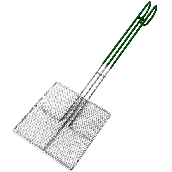 A Frymaster 6" square fish skimmer with a green and silver metal handle and metal mesh grid.
