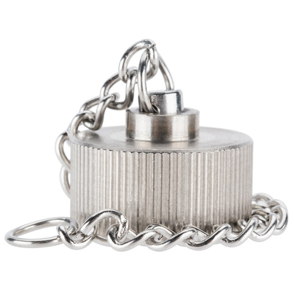 An Avantco metal pipe plug cap with a chain attached.