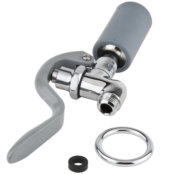 A grey T&S pre-rinse spray valve with a metal ring.