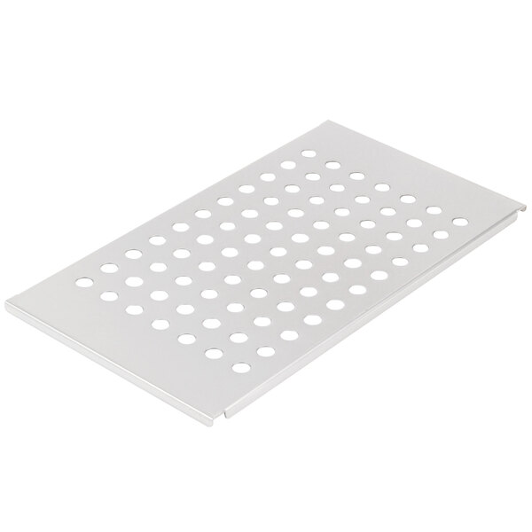A white metal plate with holes.