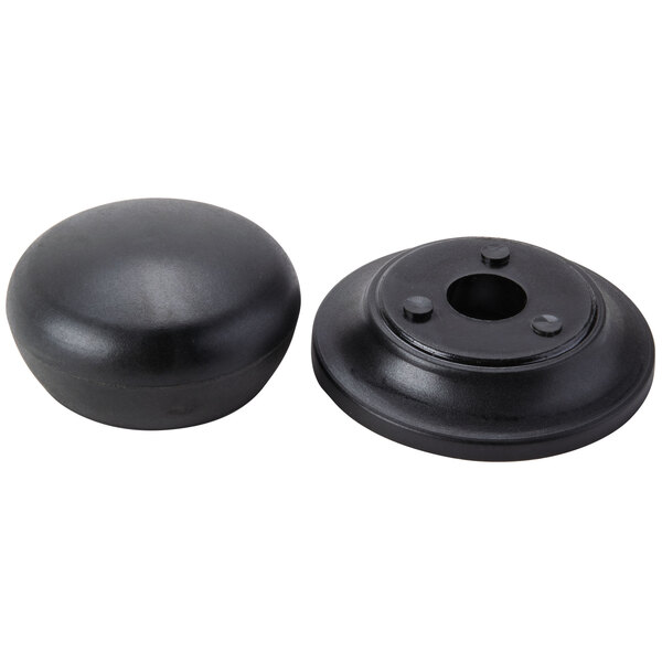 A black round Avantco handle with two rubber caps.