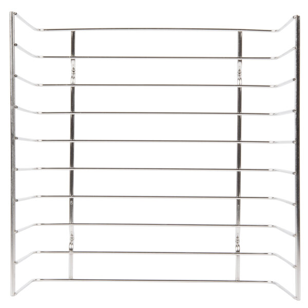 An Avantco bun rack with four shelves of small metal rods.