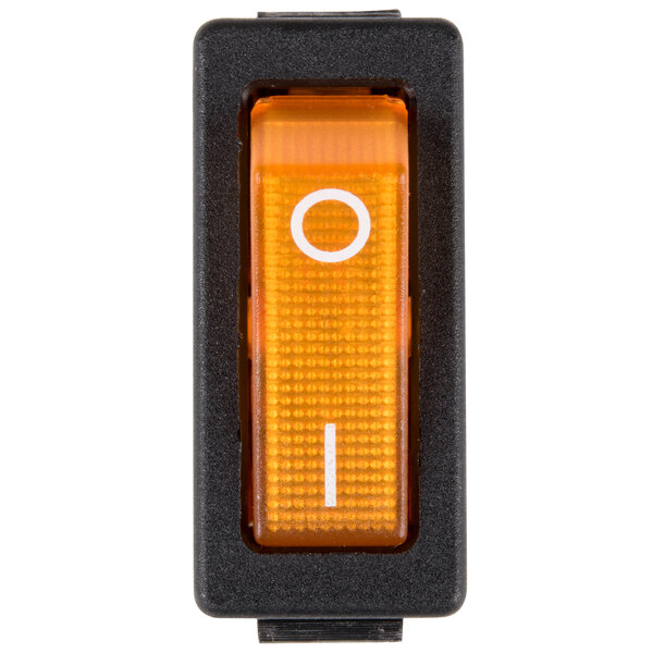 An Avantco On/Off rocker switch with the word "On" in orange on a black toggle.