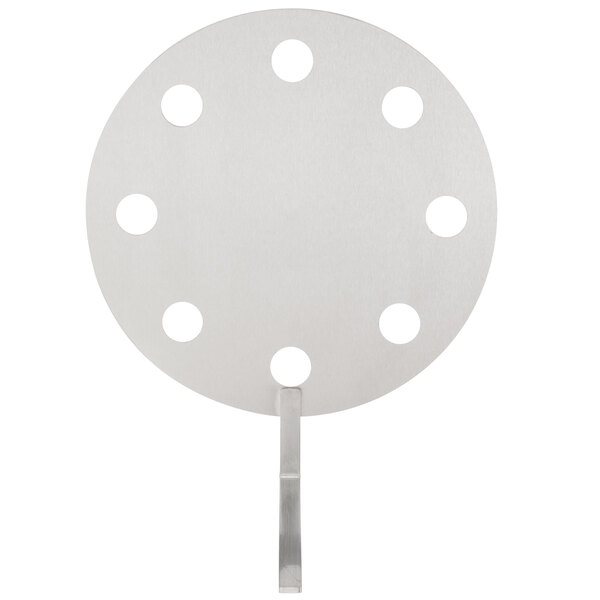 A white circular metal plate with holes.