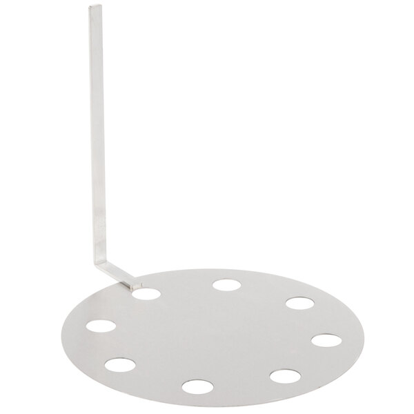 An Avantco metal steam plate with holes and a handle.