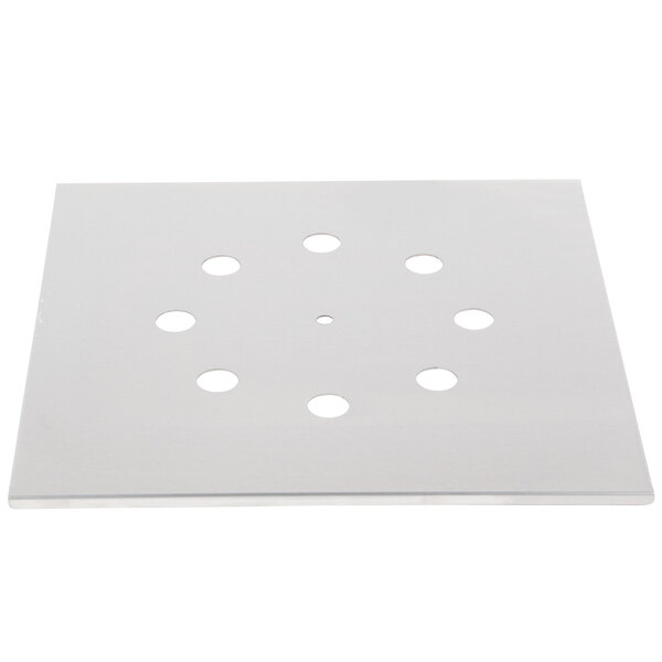 A white square Avantco bun plate with holes in it.