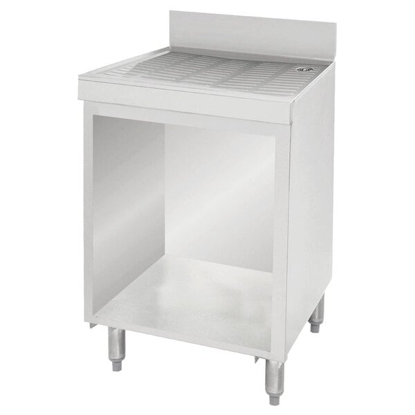 A stainless steel Advance Tabco storage cabinet with a shelf.