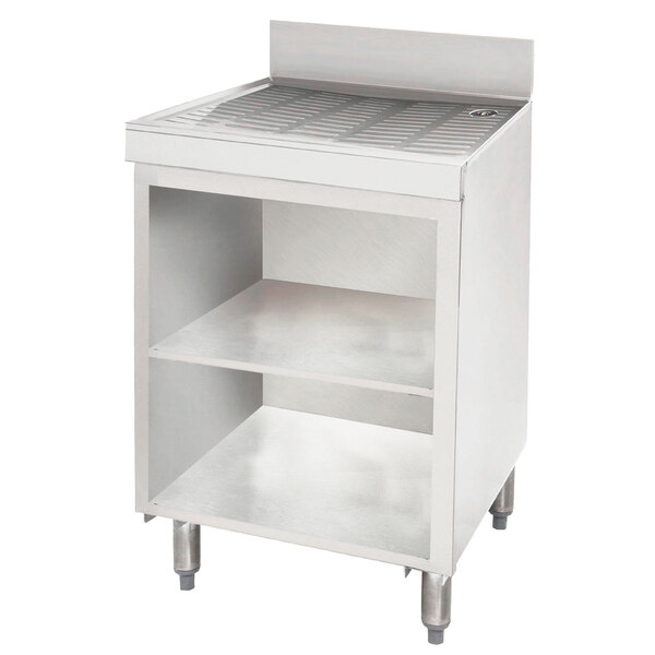 A stainless steel Advance Tabco drainboard storage cabinet with a mid-shelf.