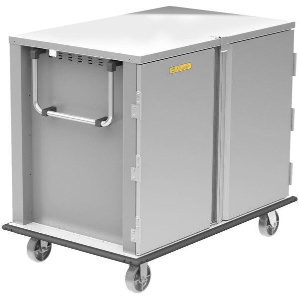 An Alluserv stainless steel meal delivery cart with 2 doors and wheels.