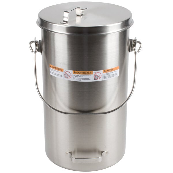 A Vollrath stainless steel ice cream pail with a handle and lid.