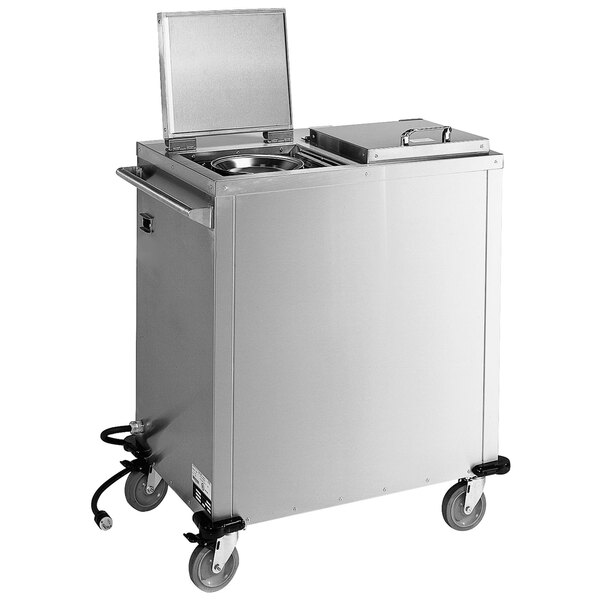 An Alluserv stainless steel food warmer on wheels for trays.