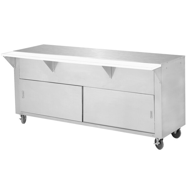 A stainless steel food table with a cabinet and sliding doors.