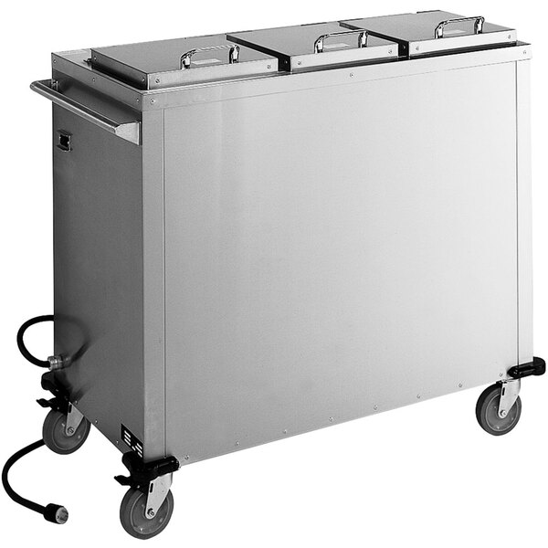 A large rectangular stainless steel Alluserv convection plate heater with wheels.