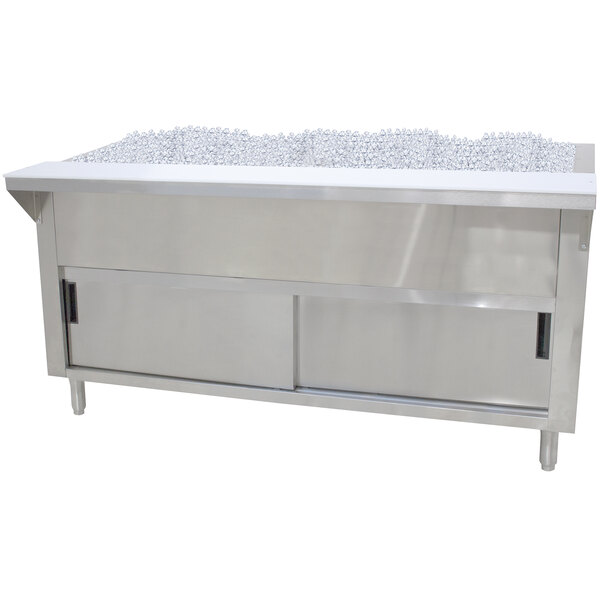A stainless steel Advance Tabco ice-cooled table with a large ice bucket in a drawer.