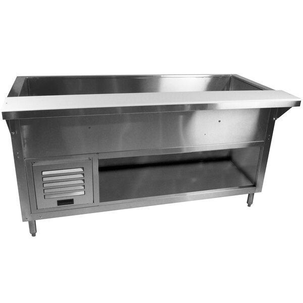 A stainless steel refrigerated cold food table with an enclosed base.