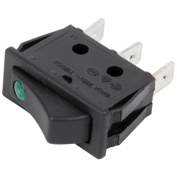 An Avantco lighted on/off rocker switch with a green light.