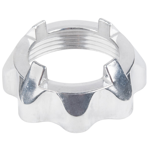 A silver metal Galaxy retaining ring with a hole in it.