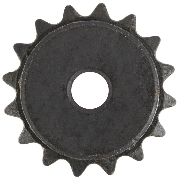 A close up of a black metal gear with a hole in the middle.