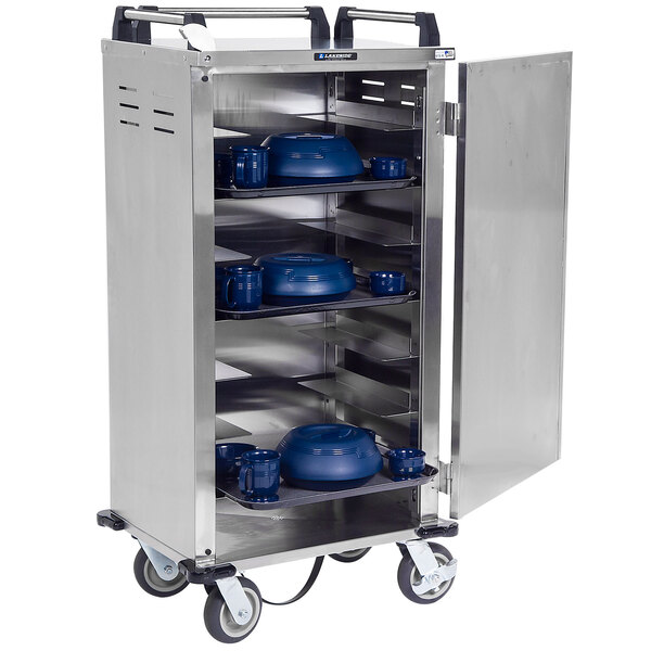 A Lakeside stainless steel meal delivery cart with blue dishes on shelves.