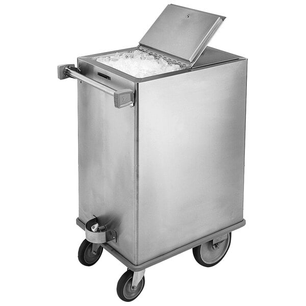 A Lakeside stainless steel ice cart filled with ice.
