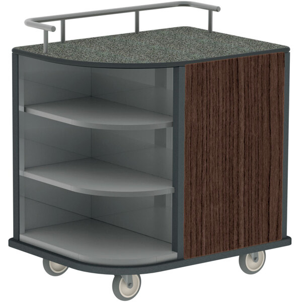 A Lakeside stainless steel hydration cart with shelves on wheels.