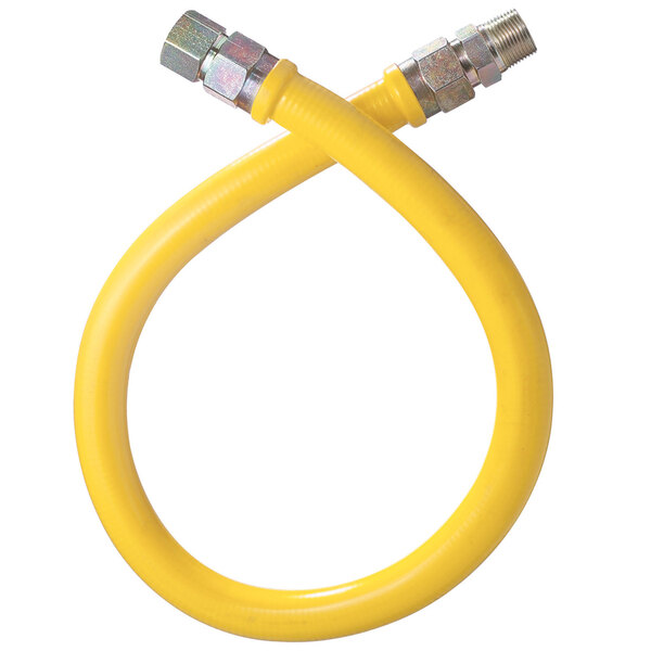 A yellow Dormont gas connector hose with metal fittings.