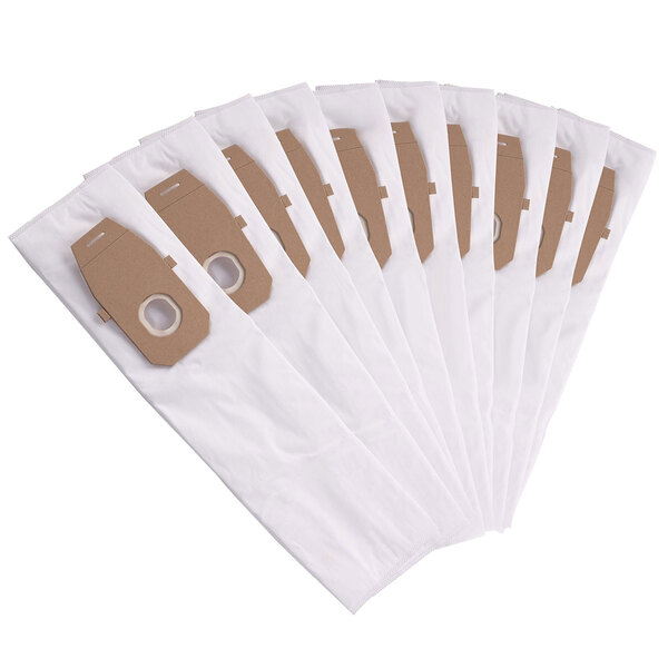 A pack of ten white Hoover vacuum bags with brown lettering.