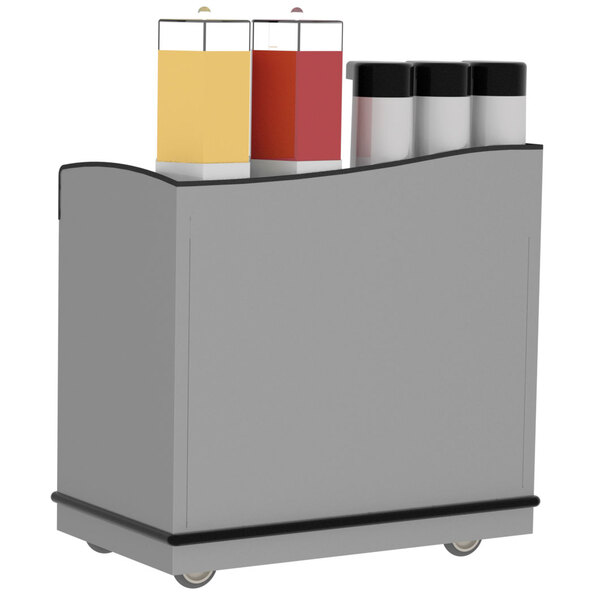A Lakeside stainless steel full-service hydration cart with containers on top of it.