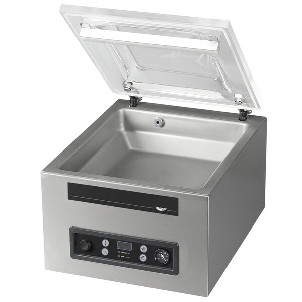 A stainless steel Vollrath medium vacuum packaging machine with a lid.