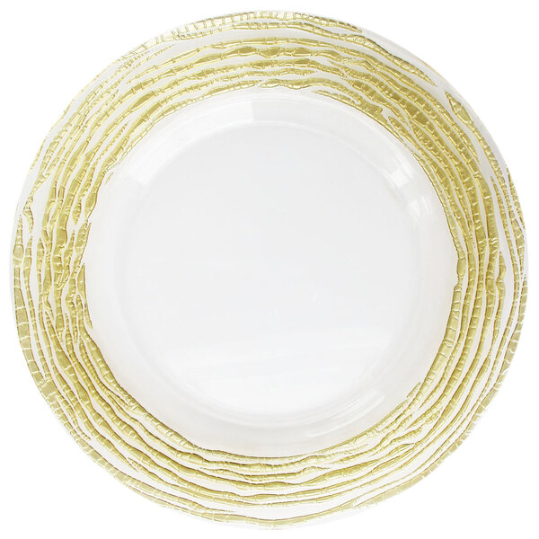 A white plate with gold lines on the rim.