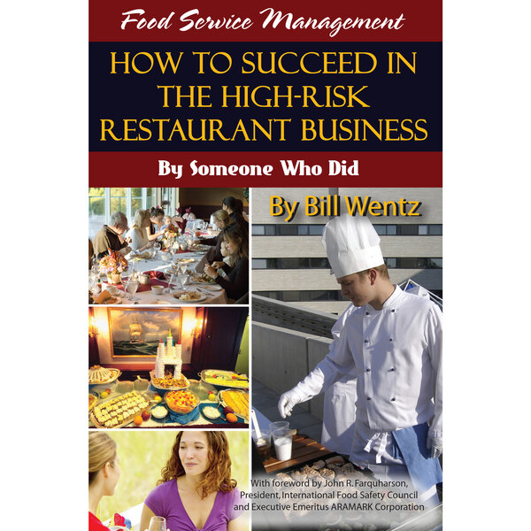 A book cover with the title "How to Succeed in the High-Risk Restaurant Business" displayed on a table in a fine dining restaurant.