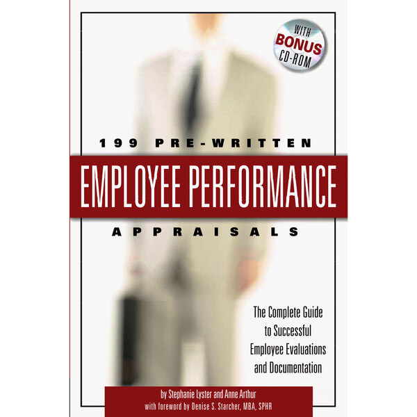 The cover of a book titled "199 Pre-Written Employee Performance Appraisals" with a man in a suit on it.