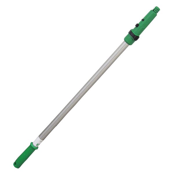 A green and silver Unger Henry's Handi Handle extension pole with a green ErgoTec locking cone.