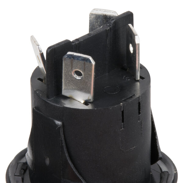 A close-up of a black Avantco electrical power switch with metal parts.