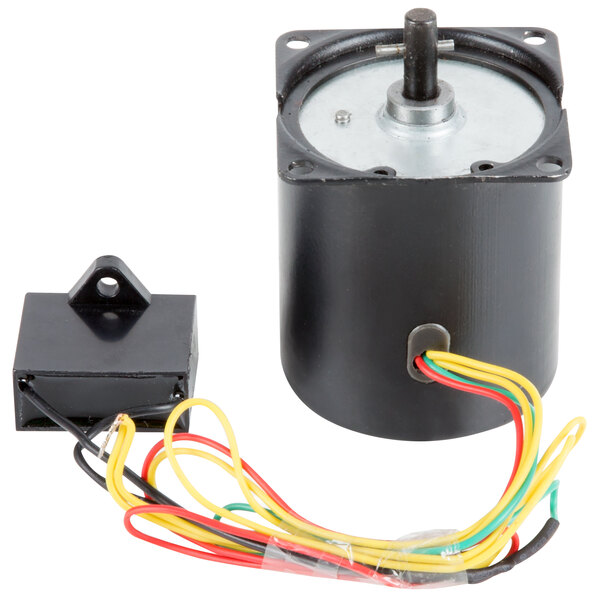 A small black and silver Avantco 30 RPM motor with yellow and green wires.