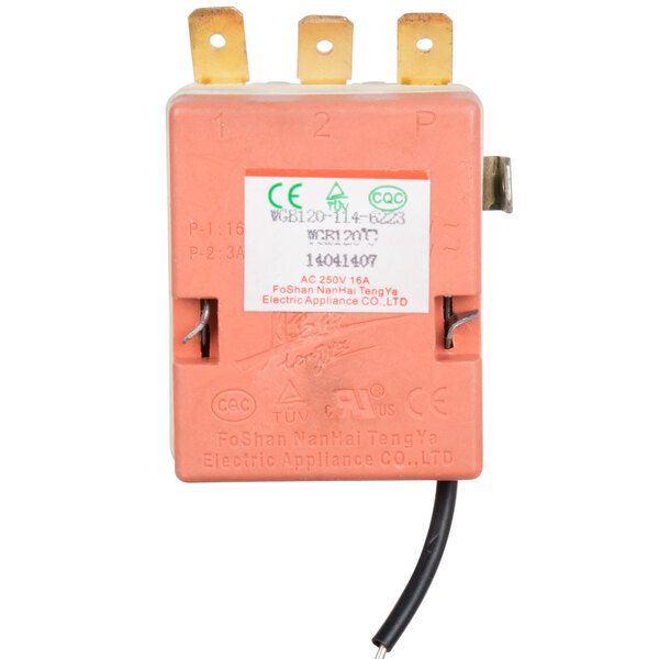 An Avantco thermostat with orange electrical wires and a white label.