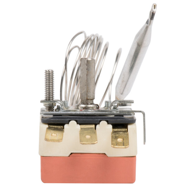 An Avantco thermostat with wires and a metal plate.