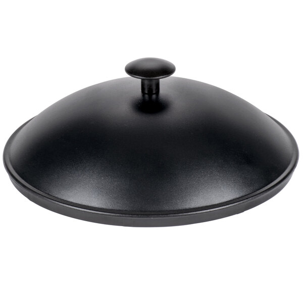 An Avantco black lid with a metal handle.