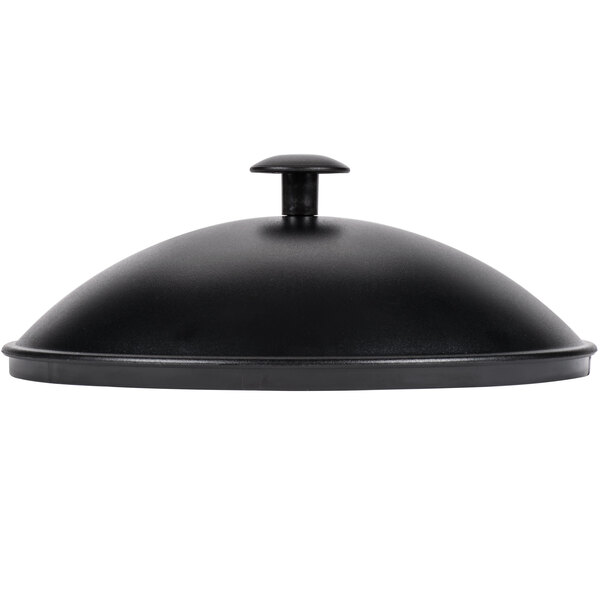 An Avantco black metal lid with a knob.