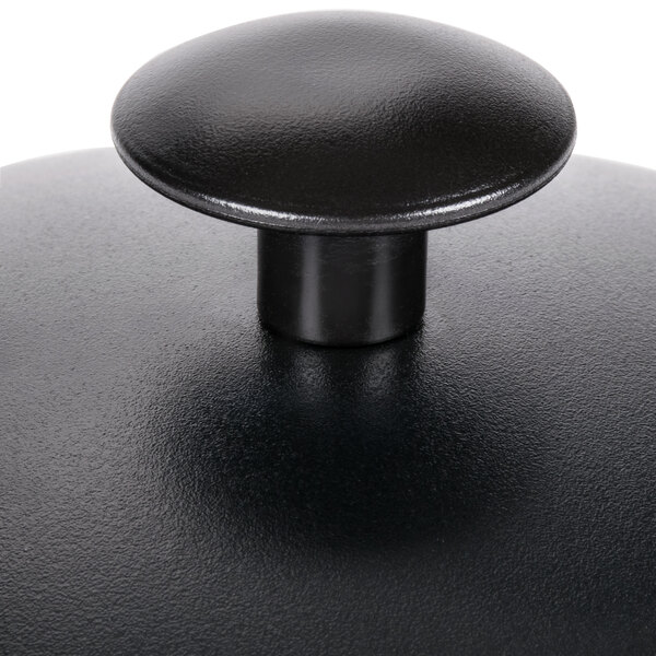 A black metal Avantco dispenser lid with a round cap.