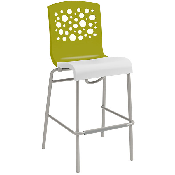 Grosfillex US838152 Tempo Fern Green / White Stacking Resin Barstool - 2/Pack