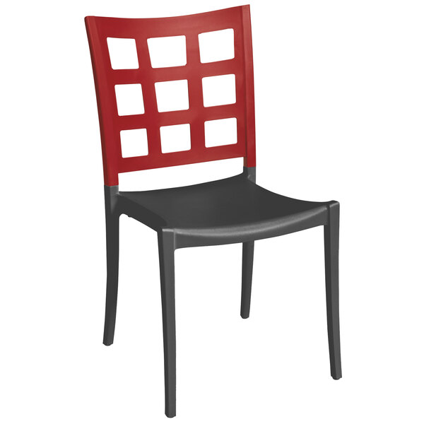 A case of 16 red and charcoal Grosfillex Plazza stacking chairs.