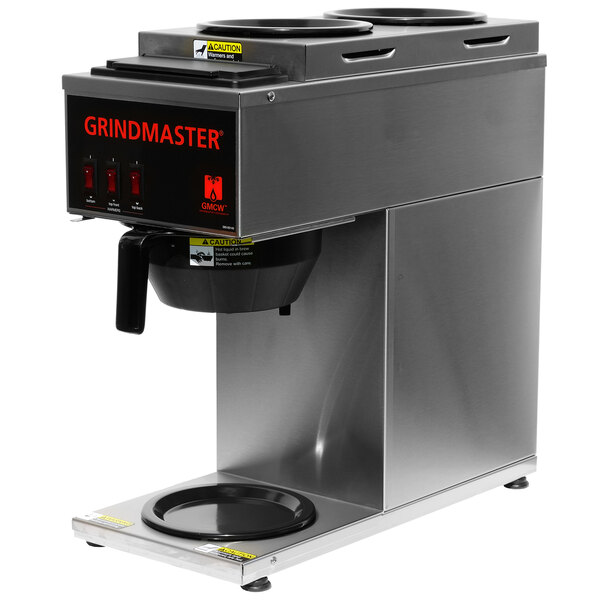 A stainless steel Grindmaster commercial pourover coffee maker on a counter.