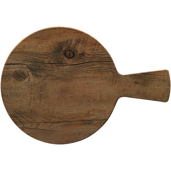 An Elite Global Solutions 12" round driftwood melamine serving board with a handle.