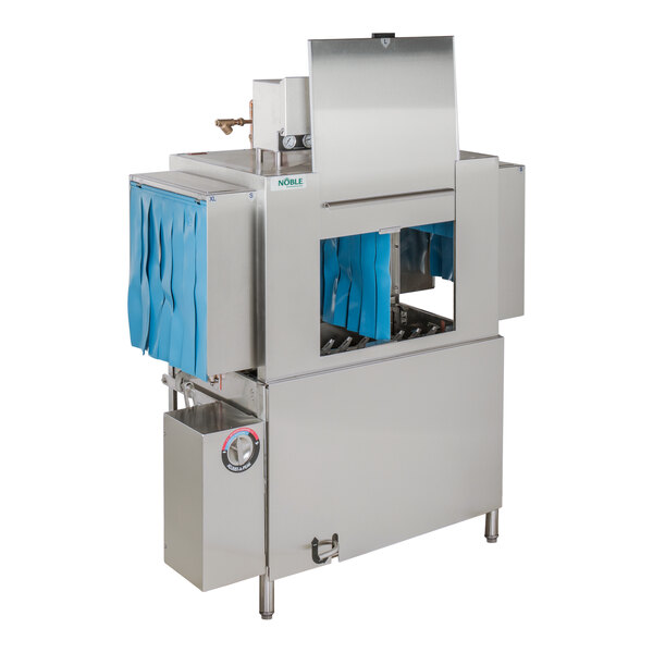 A commercial stainless steel conveyor dishwasher with blue curtains and a top access panel.