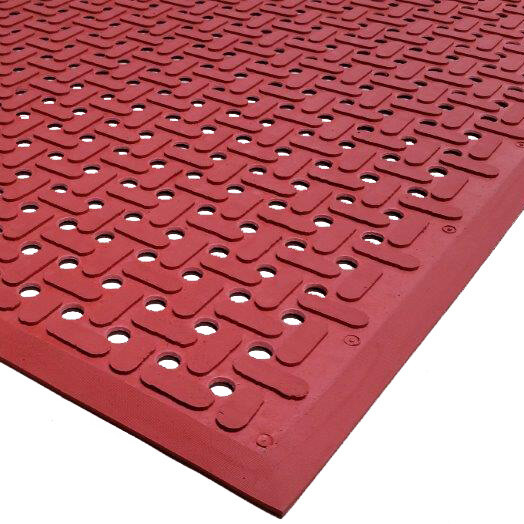 A red Cactus Mat VIP Guardian floor mat with holes in the middle.