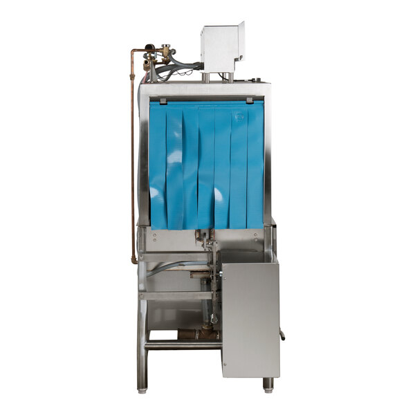 A commercial conveyor high temperature dishwasher with a stainless steel body and blue plastic curtain, designed for left to right operation.