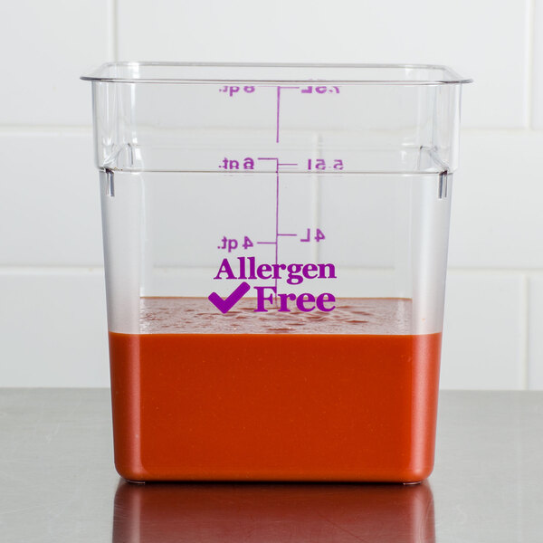 Vigor 8 Qt. Allergen-Free Clear Square Polycarbonate Food Storage Container  and Purple Lid - 2/Pack