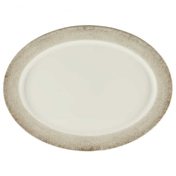 A white Thunder Group Jazz melamine oval platter with a brown crackle-finished rim.