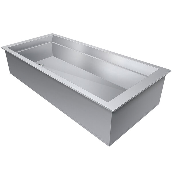 A rectangular metal tub with a drain.